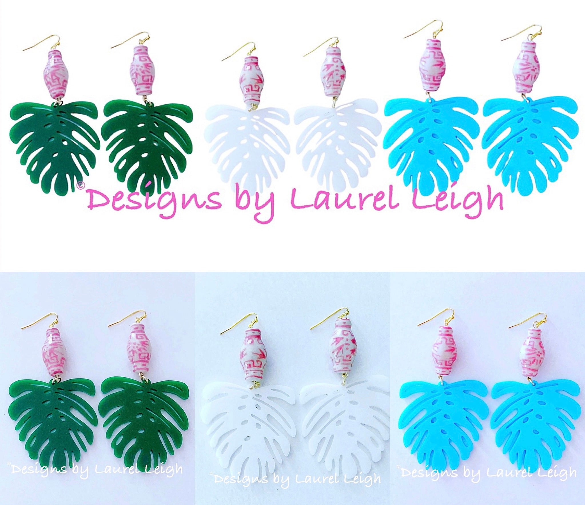Chinoiserie Pink Ginger Jar Palm Leaf Earrings