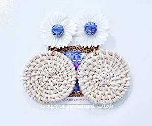 Chinoiserie Rattan Pearl Flower Earrings - Chinoiserie jewelry