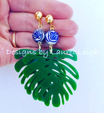 Load image into Gallery viewer, Chinoiserie Tropical Monstera Palm Leaf Statement Earrings - Green - Designs by Laurel Leigh