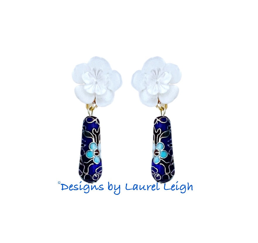 Dainty Lapis Blue Cloisonné Floral Earrings - Chinoiserie jewelry