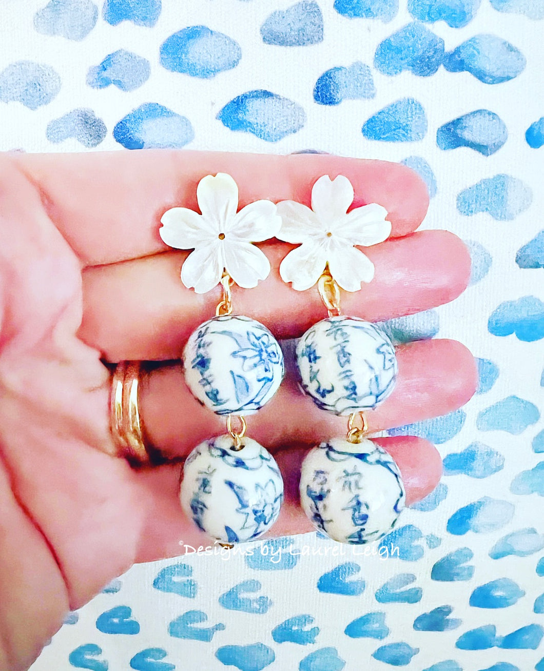 Blue & White Chinoiserie Orchid Double Drop Earrings - Chinoiserie jewelry