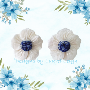Chinoiserie Floral White Pearl Stud Earrings - Chinoiserie jewelry