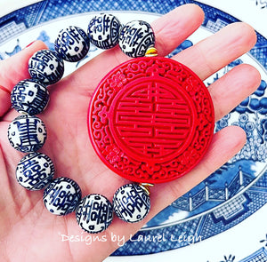 Red, Blue & White Chinoiserie Statement Bracelet - Chinoiserie jewelry