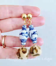 Load image into Gallery viewer, Chinoiserie FAUX Fur Leather Leopard Print Ginger Jar Statement Earrings - Designs by Laurel Leigh