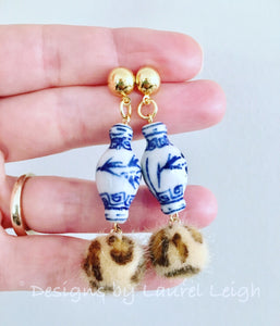 Chinoiserie FAUX Fur Leather Leopard Print Ginger Jar Statement Earrings - Designs by Laurel Leigh
