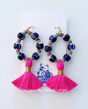 Load image into Gallery viewer, Chinoiserie Multi Hot Pink Tassel Hoop Earrings - Chinoiserie jewelry