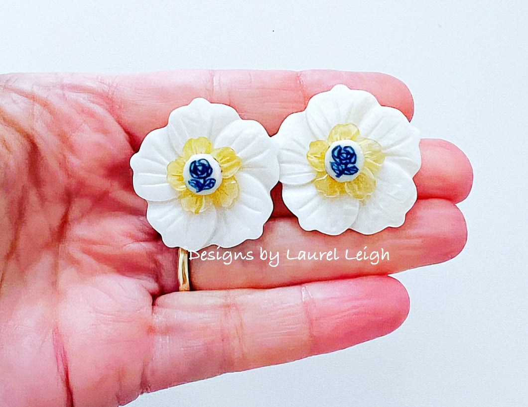 Blue, White & Yellow Petite Fleur Pearl Studs - Chinoiserie jewelry