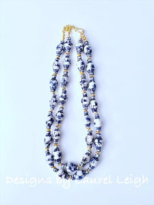 Chunky Blue & White Double Strand Statement Necklace - Ginger Jar Beads - Ginger jar