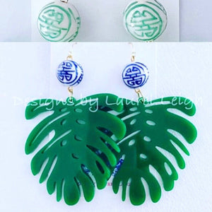 Green Chinoiserie Monstera Palm Leaf Earrings - Chinoiserie jewelry