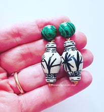 Load image into Gallery viewer, Black Ginger Jar &amp; Green Malachite Earrings - Chinoiserie jewelry