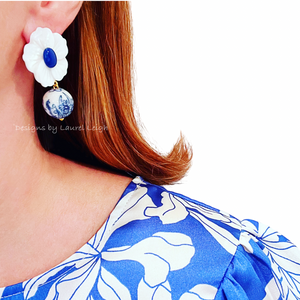 Chinoiserie Lapis Gemstone Floral Drop Earrings - Chinoiserie jewelry