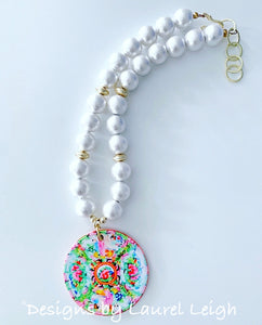Chinoiserie Chic Rose Medallion Pendant Necklace - White Chunky Pearls - Ginger jar