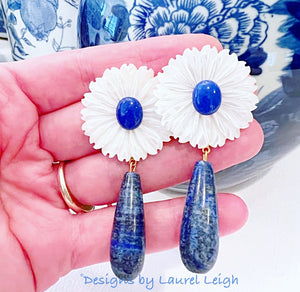 White & Blue Gemstone Floral Drop Earrings - Chinoiserie jewelry