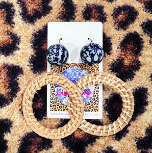 Chinoiserie Rattan Double Happiness Earrings - Natural or Brown - Chinoiserie jewelry