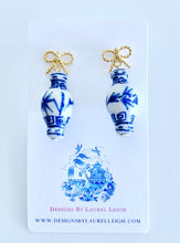 Load image into Gallery viewer, Chinoiserie Ginger Jar Bow Statement Earrings - Blue &amp; White - 3 Styles - Ginger jar