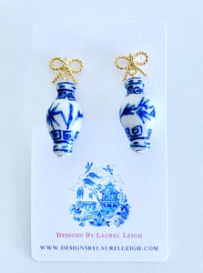 Chinoiserie Ginger Jar Bow Statement Earrings - Blue & White - 3 Styles - Ginger jar