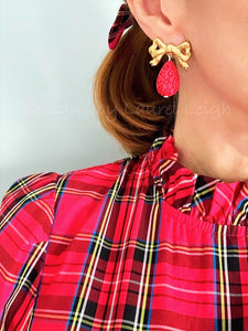 Red and Gold Bow Cinnabar Teardrop Earrings - Ginger jar