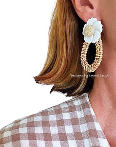 Chinoiserie Rattan Floral Earrings - Tan/White - Chinoiserie jewelry