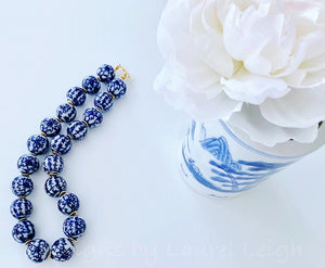 Blue and White Chinoiserie Chunky Floral Chinese Character Statement Necklace - Ginger jar