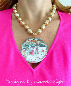 Chinoiserie Chic Pendant Necklace - Gold Baroque Pearls - Ginger jar