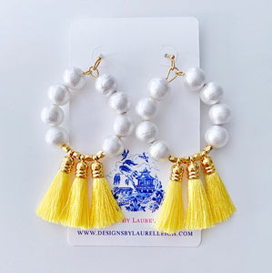 Yellow Tassel Cotton Pearl Hoop Earrings - Ginger jar