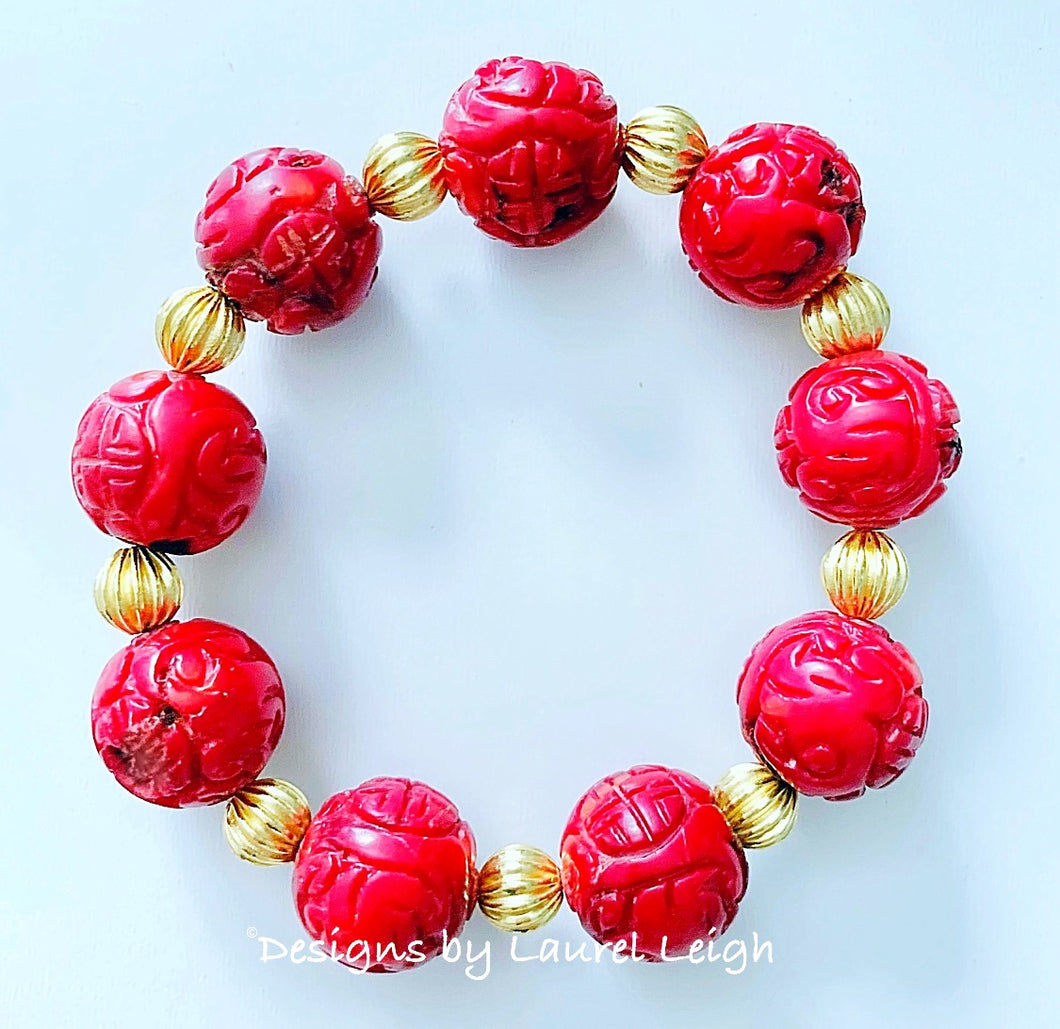 Red & Gold Chinoiserie Bamboo Coral Bracelet - Chinoiserie jewelry