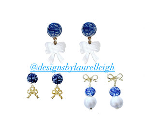Chinoiserie Coin Bead & Bow / Pearl Drop Earrings - Chinoiserie jewelry