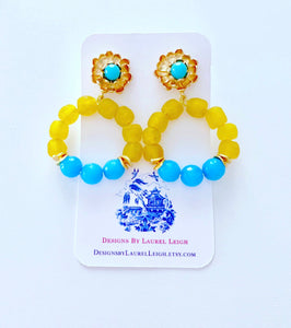 Yellow & Turquoise Beaded Floral Post Hoops - Ginger jar