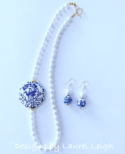Chinoiserie Cotton Pearl Drop Earrings - Swans/Water Lilies - Gold or Silver Finish - Ginger jar