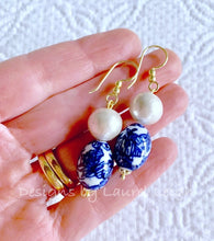 Load image into Gallery viewer, Chinoiserie Pearl Drop Earrings w/ Oval Vintage Floral Beads - Gold or Silver Finish - Ginger jar