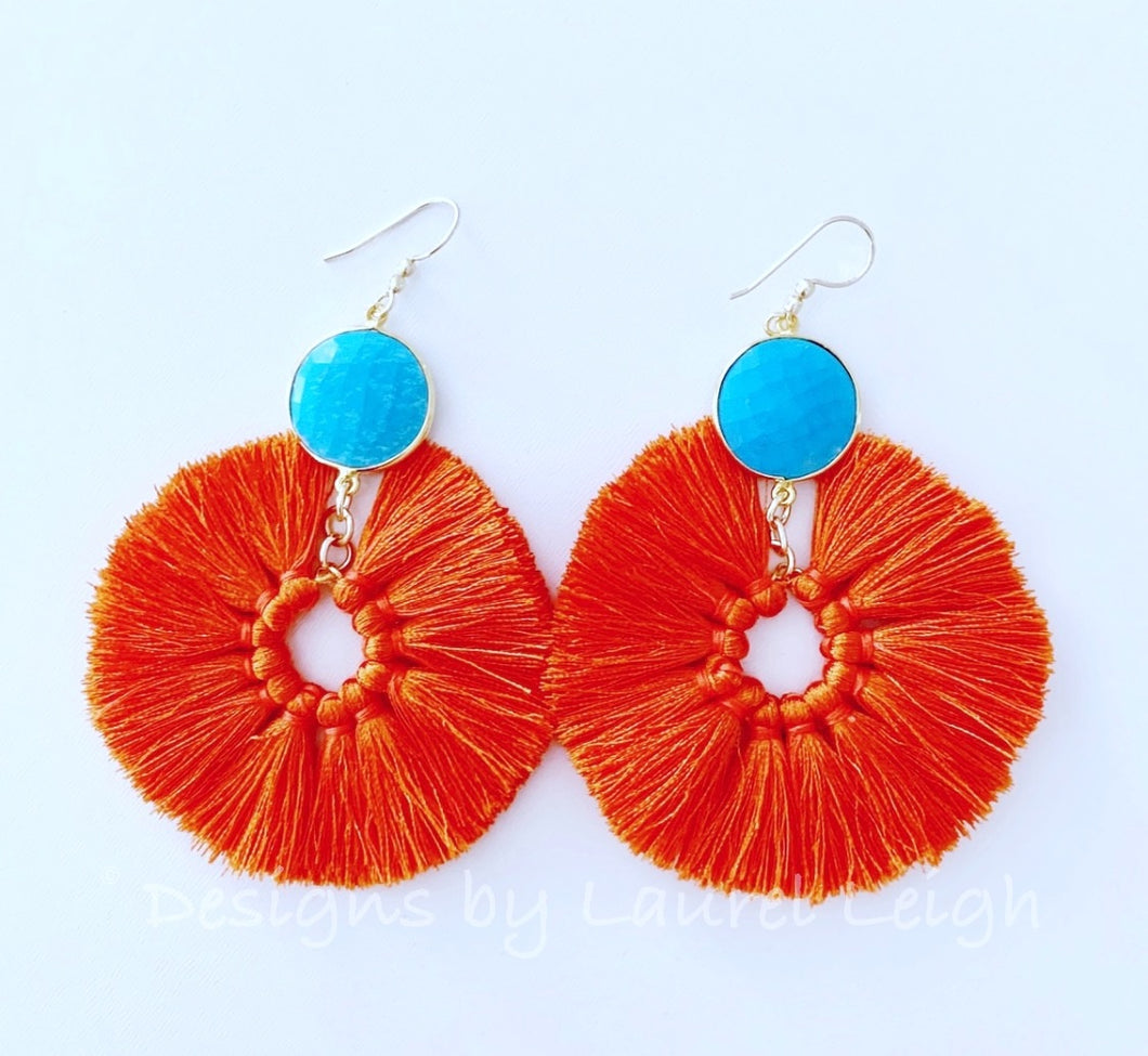 Gemstone Fan Tassel Earrings - Orange & Turquoise - Ginger jar