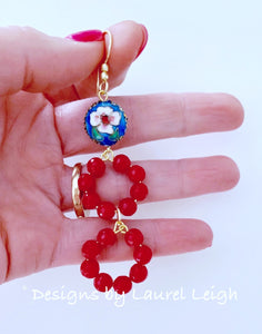 Gemstone Beaded Drop Hoops - Red & Royal Cloisonné - Ginger jar