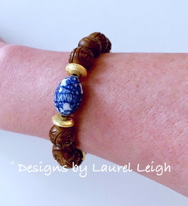 Chinoiserie Brown Carved Beaded Statement Bracelet - Ginger jar
