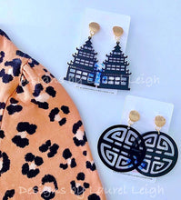Load image into Gallery viewer, Chinoiserie Chic Longevity Symbol Statement Earrings - Acrylic - White/Black/Royal - Ginger jar