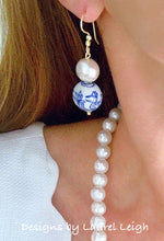 Load image into Gallery viewer, Chinoiserie Cotton Pearl Drop Earrings - Swans/Water Lilies - Gold or Silver Finish - Ginger jar