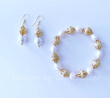 Load image into Gallery viewer, Filigree and Pearl Drop Earrings - Gold - Ginger jar