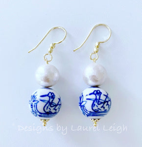 Chinoiserie Cotton Pearl Drop Earrings - Swans/Water Lilies - Gold or Silver Finish - Ginger jar