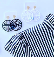Load image into Gallery viewer, Chinoiserie Chic Longevity Symbol Statement Earrings - Acrylic - White/Black/Royal - Ginger jar