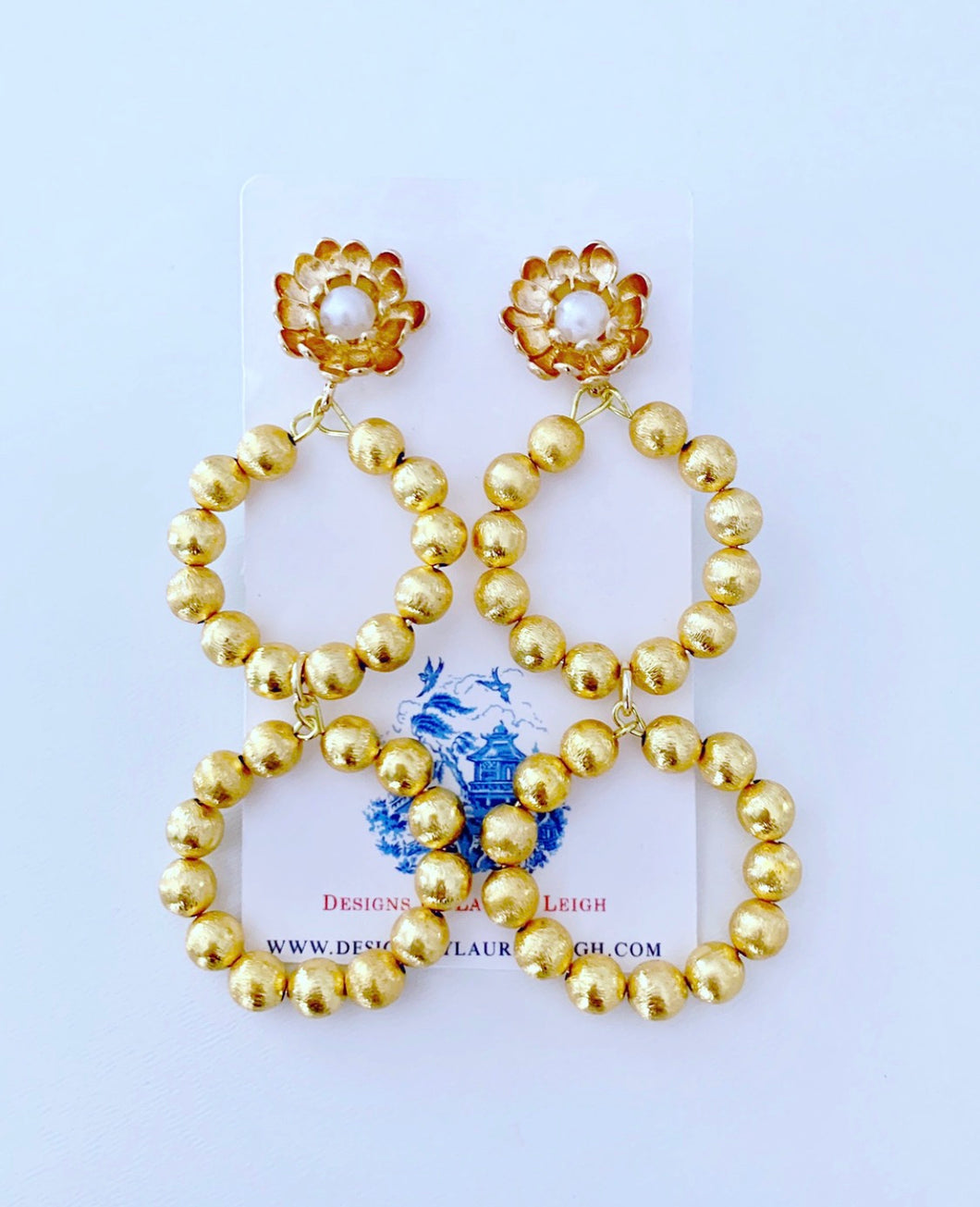 Gold Floral and Pearl Beaded Drop Hoops - Two Styles - Ginger jar