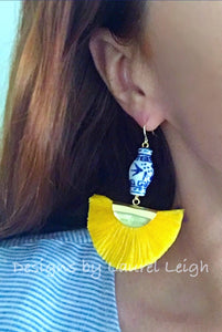 Chinoiserie Ginger Jar Fan Tassel Earrings - Yellow - Designs by Laurel Leigh